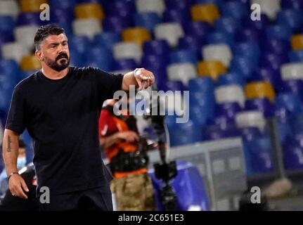 Naples, Italy. 5th July, 2020. Rino Gattuso of Napoli gestures during match Serie A TIM between SSC Napoli and AS Roma on July 05 2020 in Naples (Italy) at San Paolo Stadium Photo LPS/MARCO IORIO/LM Credit: Marco Iorio/LPS/ZUMA Wire/Alamy Live News Stock Photo