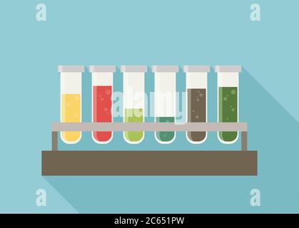 five multicolor test tubes with green, blue, orange, yellow and red bubbling sparkling liquid in rack. Stock Vector