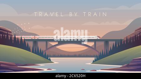 Sunset. The bridge across the river. Stock Vector