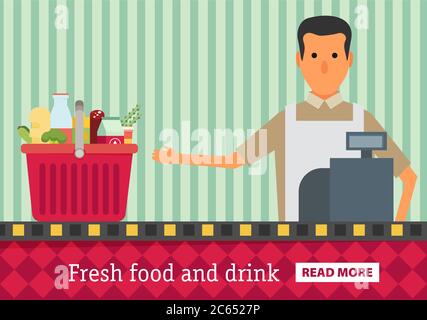 Supermarket. Buy grocery in the supermarket. Vector flat design illustration Stock Vector