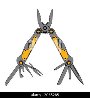 Stainless steel multifunctional pocket multi tool instrument. Flat illustration isolated on white. Stock Vector