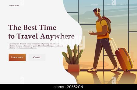 A Treveller in an airport. Around the world. Vector flat modern advertising banner. Stock Vector