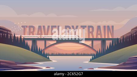 Sunset. The bridge across the river. Stock Vector