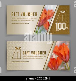 Gift voucher template. Universal flyer for business. Realistic lilies photo mosaic. For department stories, clothes. technology. Vector illustration. Stock Vector