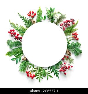 Flat lay composition with winter fir branches, cones, holly and blank card on white background. Copy space for text Stock Photo