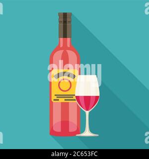 Vector icon of wine bottle and wine glass with red wine. Flat style. Stock Vector