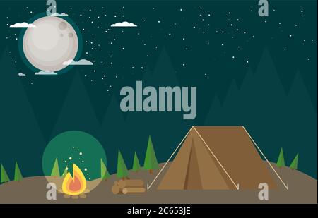 Camping in Forest at Night. Flat design Style Stock Vector Image & Art ...