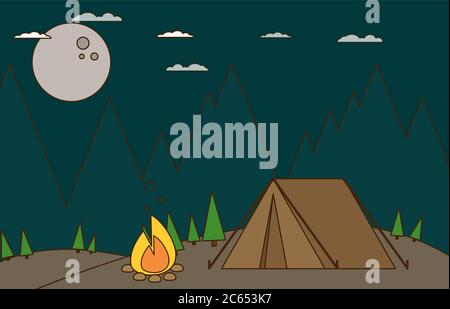 Camping in Forest at Night. Flat design Style. Stock Vector