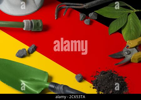 Germany flag with gardening tools background on table. Spring in the garden concept with free copy space. Stock Photo