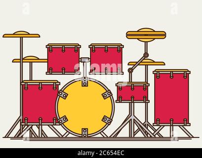 Color flat style vector drum set. Bass tom-tom ride cymbal crash hi-hat snare stands Stock Vector