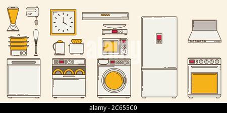 Flat icons for kitchen appliances. Set of gray flat icons with household appliances for kitchen on blue background. Stock Vector