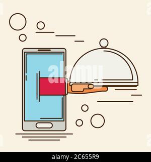 Food creative concept, restaurant cloche in hand, app service, enjoy your meal. Mobile service, delivery service Stock Vector