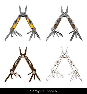 Stainless steel multifunctional pocket multi tool instrument. Flat illustration isolated on white. Stock Vector