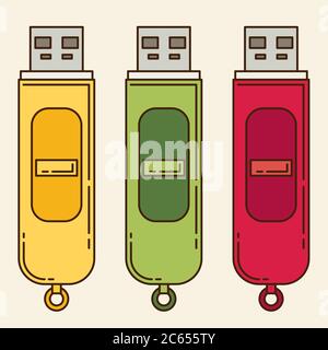 USB flash drive. Flat icon set Stock Vector