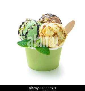 Various colorful ice cream balls with sauce and mint leaf in ice cup isolated on white background Stock Photo
