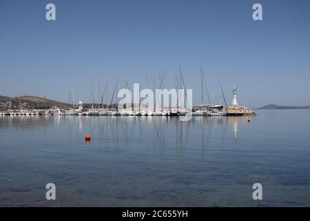 Urla, Turkey - may 12, 2020 : Harbour view in Iskele, Urla. Urla is populer fishing old town in Izmir. Stock Photo