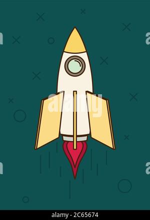 Space rocket flying in sky, flat design colored vector illustration Stock Vector