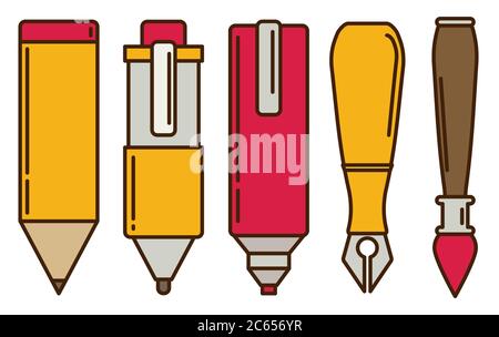 Paint and writing tools flat icons Stock Vector