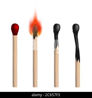 Set of vector isolated realistic matches. New, burning and burned matches on white background. Stock Vector