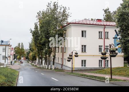 Vitebsk, Belarus - July 2, 2018: City landscape on a rainy summer day. A deserted small street named after the artist Marc Chagall, a native of this c Stock Photo