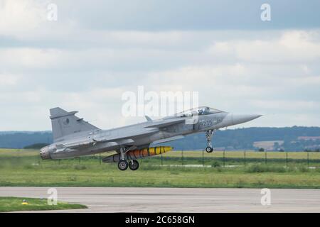 Caslav, Czech Republic. 07th July, 2020. Czech JAS-39 Gripen fighter in Caslav air base, Czech Republic, on July 7, 2020. Part of JAS-39 Gripen and L-159 Alca planes move to airport in Pardubice, return on July 27. Credit: Josef Vostarek/CTK Photo/Alamy Live News Stock Photo