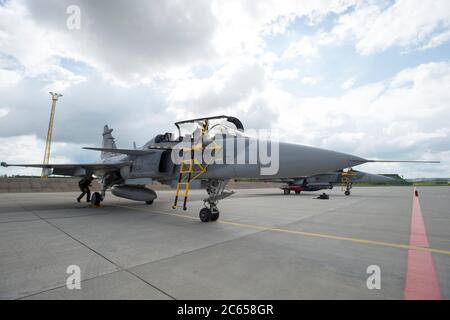 Caslav, Czech Republic. 07th July, 2020. Czech JAS-39 Gripen fighter in Caslav air base, Czech Republic, on July 7, 2020. Part of JAS-39 Gripen and L-159 Alca planes move to airport in Pardubice, return on July 27. Credit: Josef Vostarek/CTK Photo/Alamy Live News Stock Photo