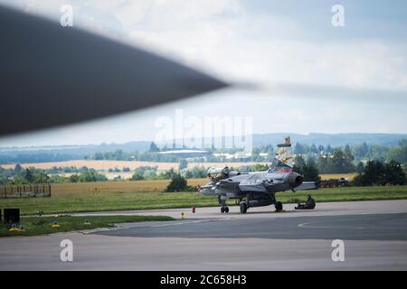 Caslav, Czech Republic. 07th July, 2020. Czech JAS-39 Gripen fighter in Caslav air base, Czech Republic, on July 7, 2020. Part of JAS-39 Gripen and L-159 Alca planes move to airport in Pardubice, return on July 27. Credit: Josef Vostarek/CTK Photo/Alamy Live News Stock Photo