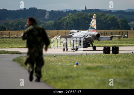 Caslav, Czech Republic. 07th July, 2020. Czech JAS-39 Gripen fighter in Caslav air base, Czech Republic, on July 7, 2020. Part of JAS-39 Gripen and L-159 Alca planes move to airport in Pardubice, return on July 27. Credit: Josef Vostarek/CTK Photo/Alamy Live News Stock Photo