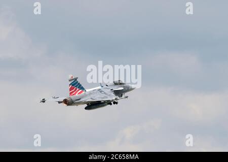 Caslav, Czech Republic. 07th July, 2020. Czech JAS-39 Gripen fighter in Caslav air base, Czech Republic, on July 7, 2020. Part of JAS-39 Gripen and L-159 Alca planes move to airport in Pardubice, return on July 27. Credit: Josef Vostarek/CTK Photo/Alamy Live News Stock Photo