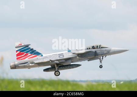 Caslav, Czech Republic. 07th July, 2020. Czech JAS-39 Gripen fighter in Caslav air base, Czech Republic, on July 7, 2020. Part of JAS-39 Gripen and L-159 Alca planes move to airport in Pardubice, return on July 27. Credit: Josef Vostarek/CTK Photo/Alamy Live News Stock Photo