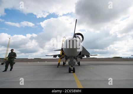 Caslav, Czech Republic. 07th July, 2020. Czech JAS-39 Gripen fighter in Caslav air base, Czech Republic, on July 7, 2020. Part of JAS-39 Gripen and L-159 Alca planes move to airport in Pardubice, return on July 27. Credit: Josef Vostarek/CTK Photo/Alamy Live News Stock Photo