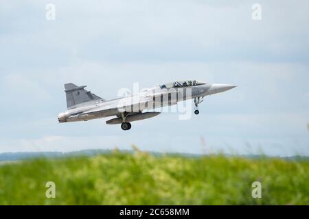 Caslav, Czech Republic. 07th July, 2020. Czech JAS-39 Gripen fighter in Caslav air base, Czech Republic, on July 7, 2020. Part of JAS-39 Gripen and L-159 Alca planes move to airport in Pardubice, return on July 27. Credit: Josef Vostarek/CTK Photo/Alamy Live News Stock Photo