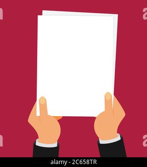 Flat vector. Two hands holding white sheet Stock Vector