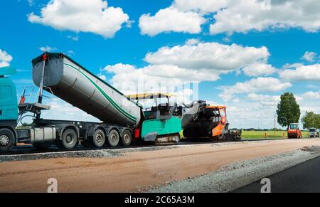 Heavy equipment works in the air. Road reconstruction Stock Photo