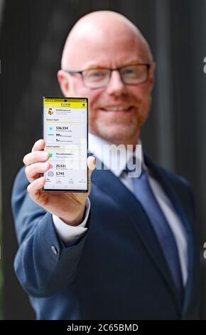 Health Minister Stephen Donnelly launches the official Irish health service executive 'Covid Tracker' contact tracing app at the Department of Health in Dublin. Stock Photo