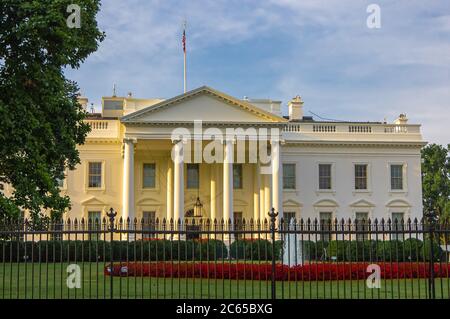Sunrise light on the front entrance of White House, presidential residence and executive office of the President of the United States of America in Wa Stock Photo
