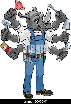 Rhino Multitasking Handyman Holding Tools Stock Vector