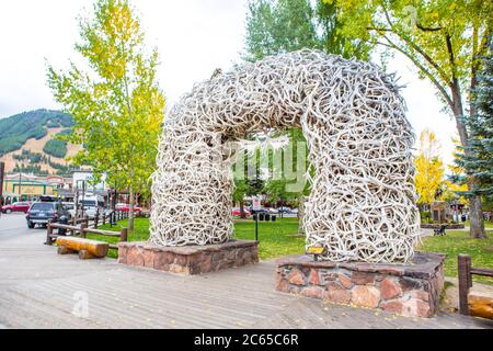 The antler arch in Jackson Hole, Wyoming. Stock Photo