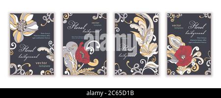 Set of templates elegant greeting cards, banners, covers, posters, anniversary, invitations, flyer with colorful abstract floral design with poppy flo Stock Vector