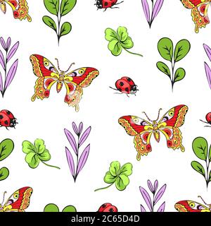 Cartoon drawing colorful insects, flowers and plants seamless pattern, floral background. Bright multi-colored butterflies, ladybug, buds, leaves and Stock Vector