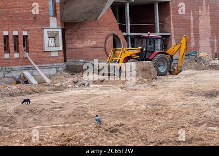 Construction of a brick building using columns Stock Photo