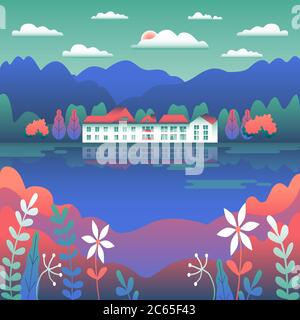 City or village landscape on the river in flat style design. Outdoor panorama countryside illustration. Hills, mountains, field, tree, forest, flowers Stock Vector
