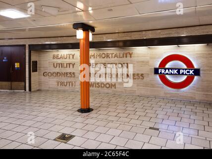 Memorial to Frank Pick, transport administrator, Chief Executive of London Passenger Transport Board; at Piccadilly Circus. Design by Langlands & Bell Stock Photo
