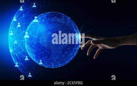 Hand Touching World Globe Over Blue Background, Global Network Collage Stock Photo