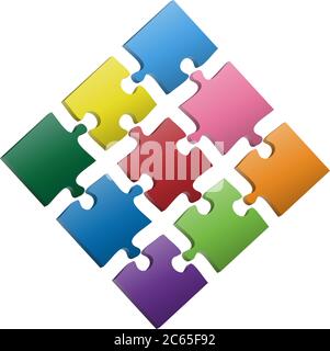 colorful jigsaw puzzle pieces 3 x 3 template vector illustration Stock Vector
