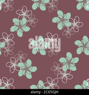 Green white vector flowers seamless pattern background. Trios of mint color hand drawn filled and outline florals on chocolate brown backdrop Stock Vector