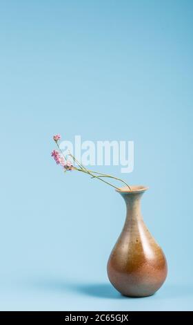 Flower buds in vase and flower arrangement on blue background Stock Photo