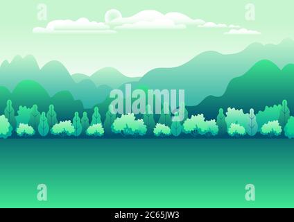 Hills and mountains landscape in flat style design. Beautiful field with grass, meadow and sky. Rural location in the forest, trees. Cartoon illustrat Stock Vector