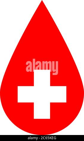 Drop of blood. Red vector illustration with white corss sign. Symbol of blood donation. Stock Vector
