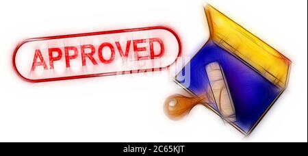Top view of a rubber stamp with a giant word "APPROVED" printed, isolated on white background. Stock Photo